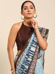 Grey Blue & Brown Mul Cotton Saree with Bhoti Pallu and Gold Border