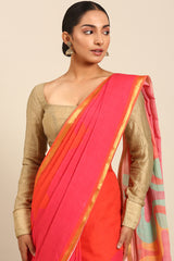 Pink Multicolor Mul Cotton Saree with Gold Zari Border and Abstract Print