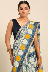 Grey Blue & Yellow Mul Cotton Saree with Bhoti and Zari Border