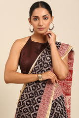 Maroon & White Mul Cotton Saree with Gold Border and Paisley Print