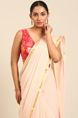 Golden Glint Thread Work Mul Cotton Saree in White