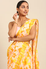 Sunset Glow Mul Cotton Saree with Abstract Print in Yellow, Pink & Orange
