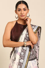Light Grey & Pink Mul Cotton Saree with Bhoti Pallu and All-Over Print