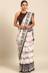 Light Grey & Pink Mul Cotton Saree with Bhoti Pallu and All-Over Print