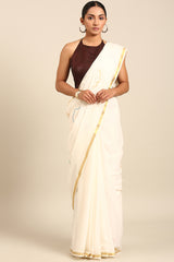 Ivory Grace Mul Cotton Saree with Thread Work and Gold Zari