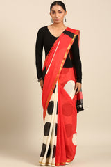 Polka Rhythm Mul Cotton Saree in Black and White with Zari Border