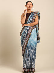 Grey Blue & Brown Mul Cotton Saree with Bhoti Pallu and Gold Border