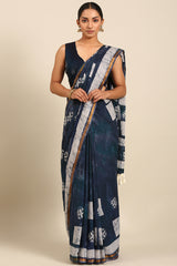 Navy Blue & White Mul Cotton Saree with Bhoti Pallu and Printed Detailing
