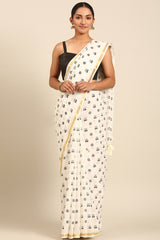 Bold Harmony Mul Cotton Saree in Black & White with Gold Zari Border