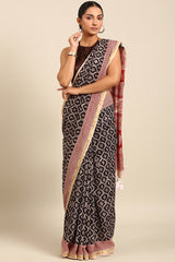 Maroon & White Mul Cotton Saree with Gold Border and Paisley Print