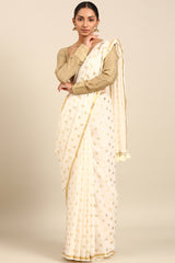 Golden Whisper Mul Cotton Saree with Polka Print and Zari Border