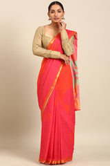 Pink Multicolor Mul Cotton Saree with Gold Zari Border and Abstract Print