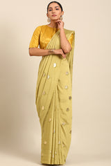 Meadow Mist Green Mul Cotton Saree with Gold Foil Work and Zari Detail