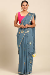 Steel Blue Shine Mul Cotton Saree with Gold Foil Print and Zari Border