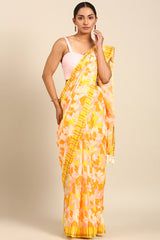 Sunset Glow Mul Cotton Saree with Abstract Print in Yellow, Pink & Orange