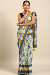 Grey Blue & Yellow Mul Cotton Saree with Bhoti and Zari Border