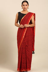 Red & Black Mul Cotton Saree with Bhoti Pallu and Printed Body
