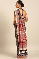 Maroon & White Mul Cotton Saree with Gold Border and Paisley Print