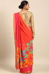 Pink Multicolor Mul Cotton Saree with Gold Zari Border and Abstract Print