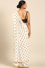 Bold Harmony Mul Cotton Saree in Black & White with Gold Zari Border