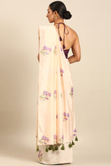 Golden Lavender Cream Mul Cotton Saree with Foil Print and Zari Border
