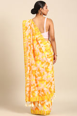Sunset Glow Mul Cotton Saree with Abstract Print in Yellow, Pink & Orange