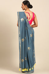 Steel Blue Shine Mul Cotton Saree with Gold Foil Print and Zari Border