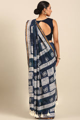 Navy Blue & White Mul Cotton Saree with Bhoti Pallu and Printed Detailing