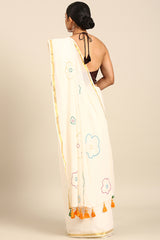Ivory Grace Mul Cotton Saree with Thread Work and Gold Zari