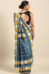 Grey Blue & Yellow Mul Cotton Saree with Bhoti and Zari Border