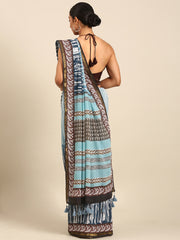 Grey Blue & Brown Mul Cotton Saree with Bhoti Pallu and Gold Border
