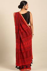 Red & Black Mul Cotton Saree with Bhoti Pallu and Printed Body