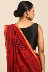 Red & Black Mul Cotton Saree with Bhoti Pallu and Printed Body