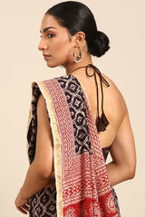 Maroon & White Mul Cotton Saree with Gold Border and Paisley Print
