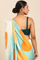 Blue Multicolor Mul Cotton Saree with Abstract Print and Zari Border