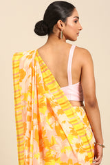 Sunset Glow Mul Cotton Saree with Abstract Print in Yellow, Pink & Orange