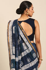 Navy Blue & White Mul Cotton Saree with Bhoti Pallu and Printed Detailing