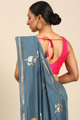 Steel Blue Shine Mul Cotton Saree with Gold Foil Print and Zari Border