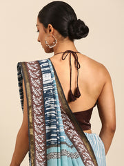 Grey Blue & Brown Mul Cotton Saree with Bhoti Pallu and Gold Border
