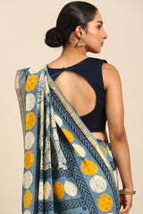 Grey Blue & Yellow Mul Cotton Saree with Bhoti and Zari Border