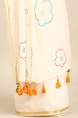 Ivory Grace Mul Cotton Saree with Thread Work and Gold Zari