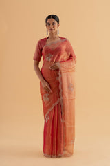 Kumkum - Deep Orange-Red Organza Saree with Stone Work – Glamorous Festive Drape Where tradition meets radiance. - SKU EKS36