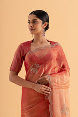 Kumkum - Deep Orange-Red Organza Saree with Stone Work – Glamorous Festive Drape Where tradition meets radiance. - SKU EKS36