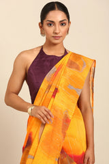 Orange & Yellow Mul Cotton Saree with Gold Border and Bhoti Pallu